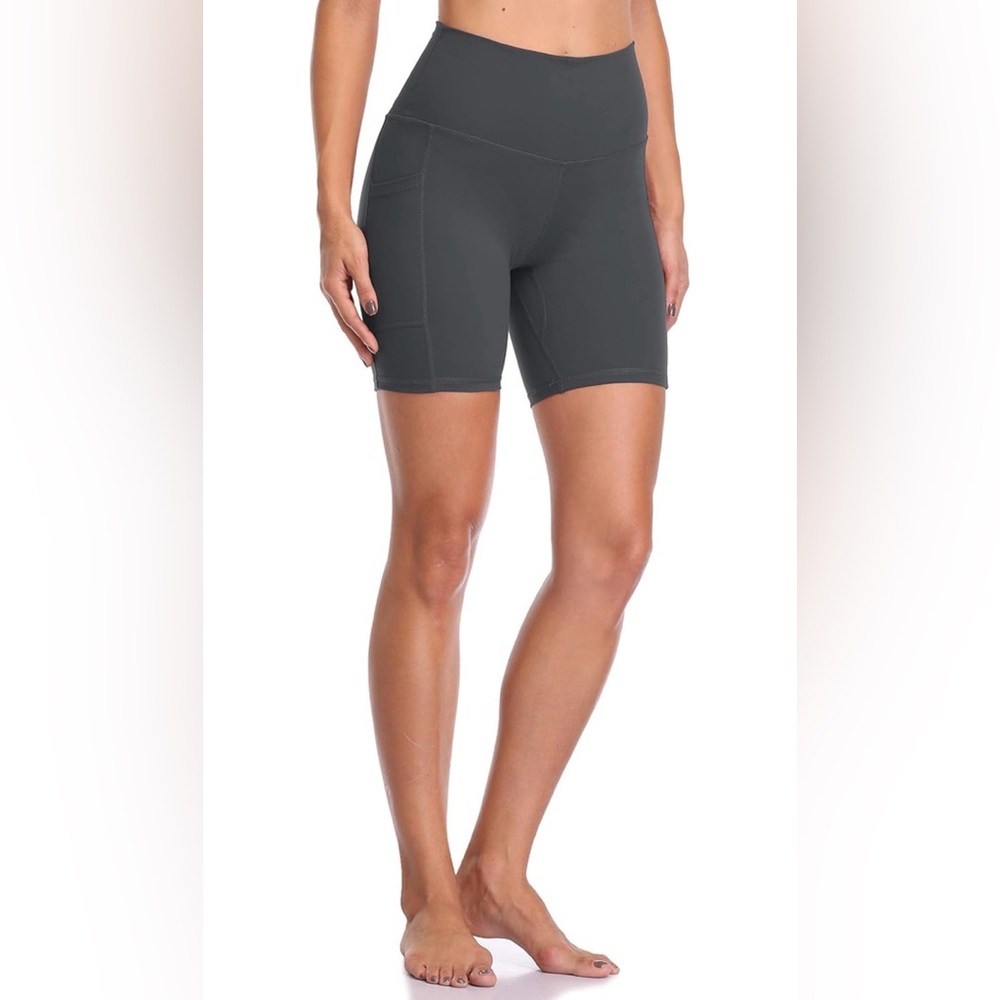 Amazon Women's Charcoal Gray High Waisted Yoga Shorts with Pockets Size Small